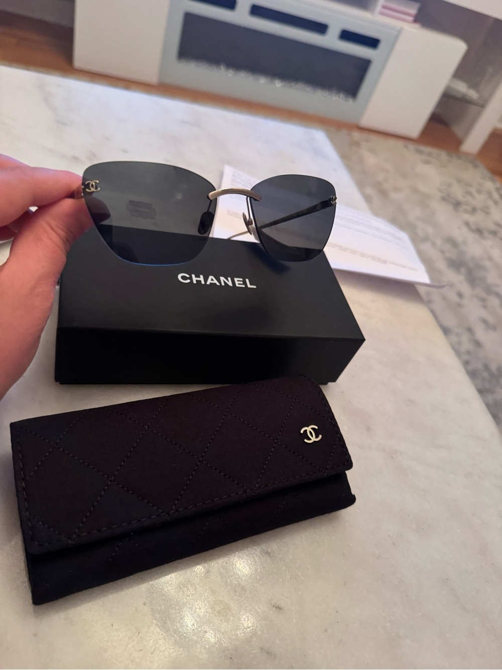 CHANEL Black Rimless Cat-Eye Sunglasses with Gold Accents - Picture 3 of 12